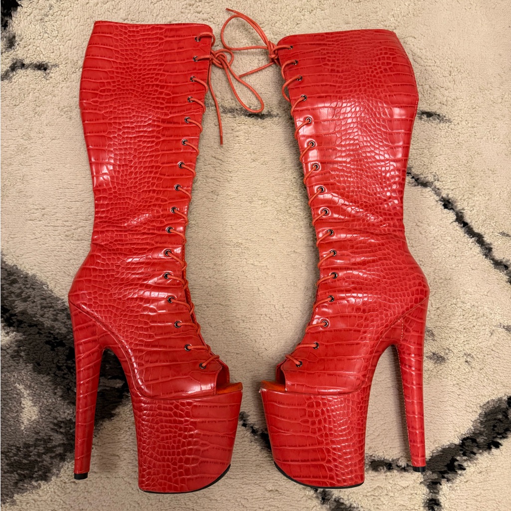 Red Lace-Up Platform High-Calf Pole Boots